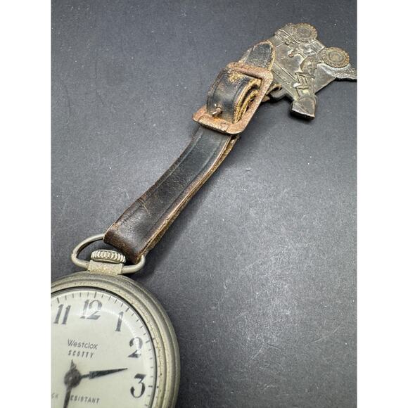 Westclox Scotty Pocket Watch Open Face Hand Winding w/ Caterpillar Loader Fob main image 5